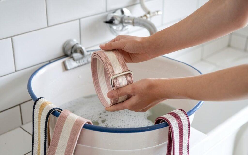 Hand-washing a canvas belt in soapy water with colorful belts hanging nearby.