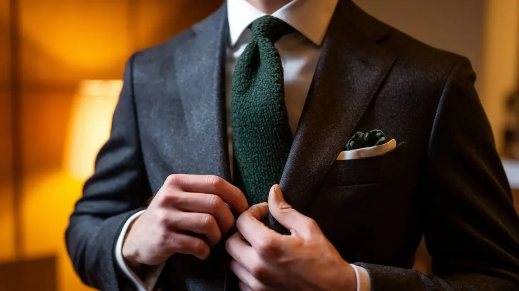 A man adjusting his forest green textured wool tie.