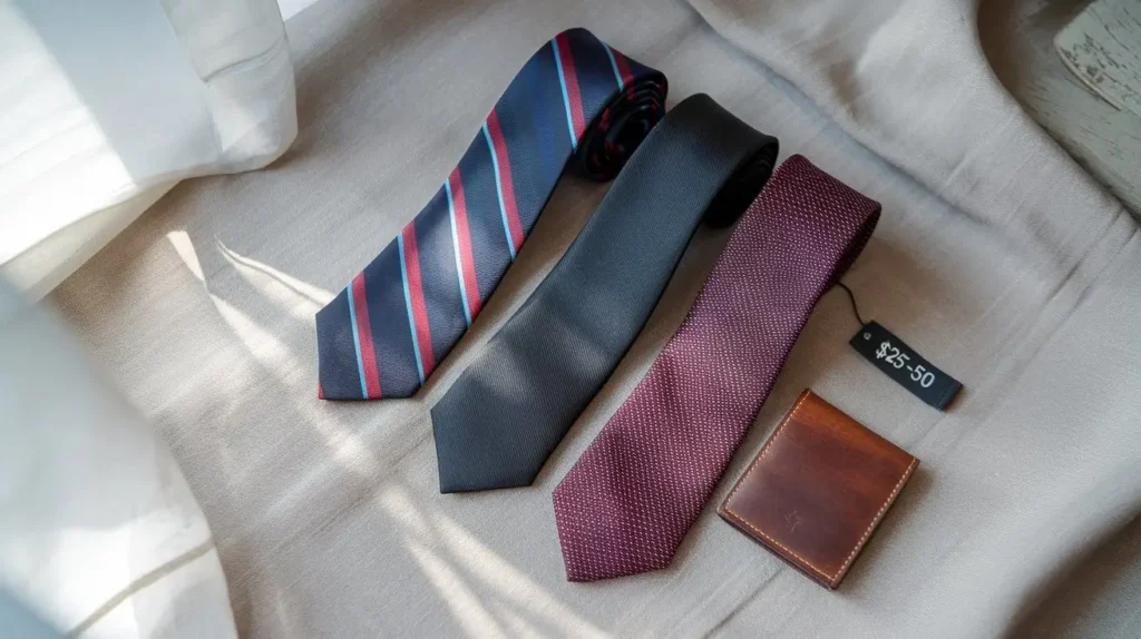 Three stylish yet affordable ties in navy, burgundy, and classic patterns arranged with a wallet and price tag