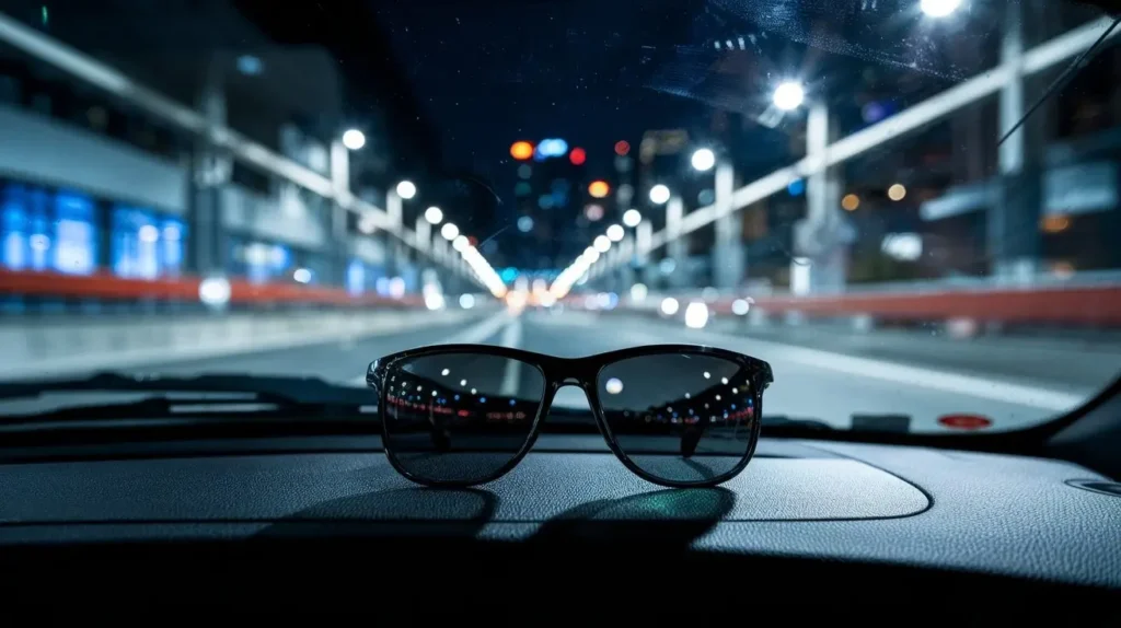 Anti-reflective sunglasses on car dashboard at night.