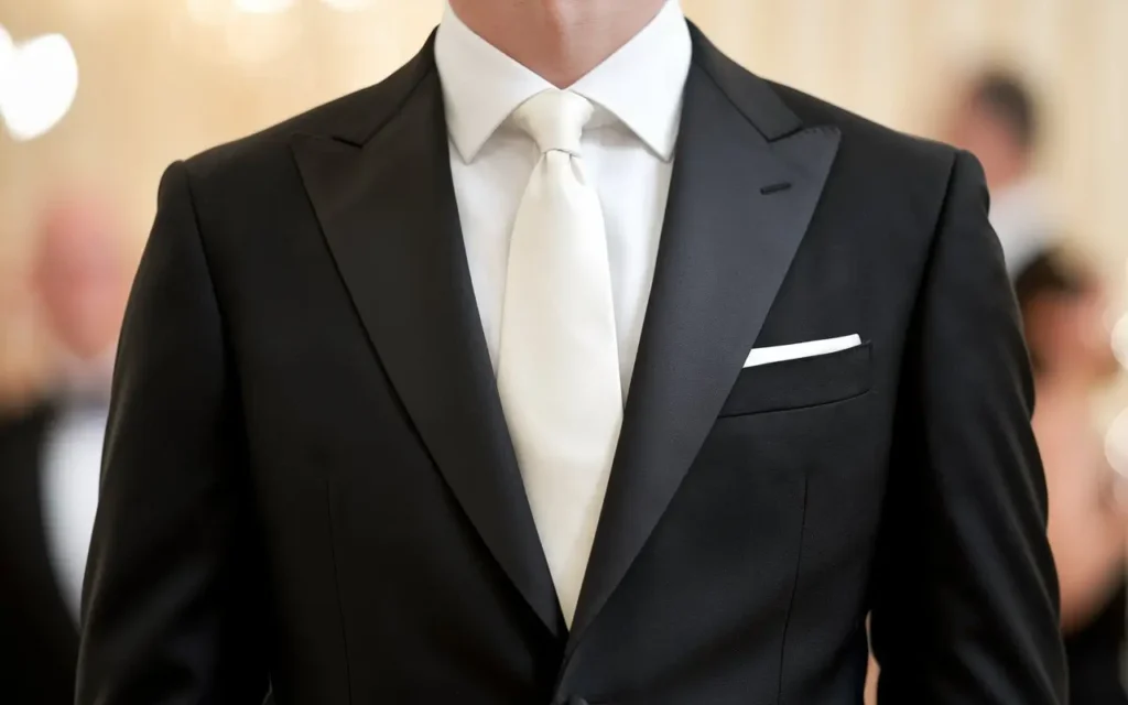 Black suit paired with a solid white tie for a formal event