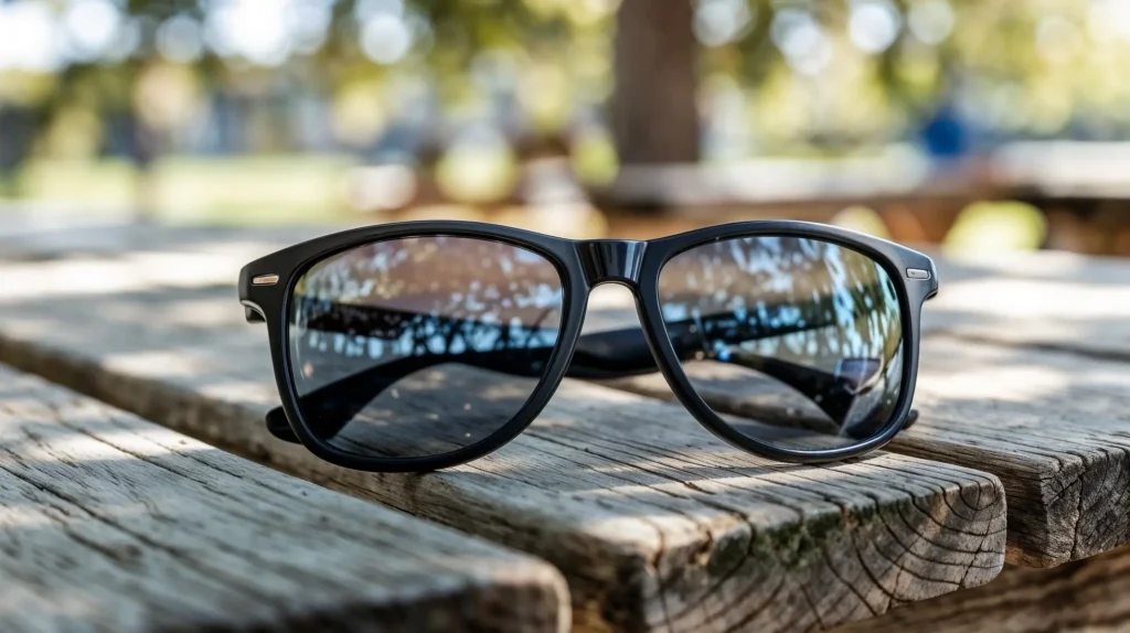 Affordable plastic-frame sunglasses on a wooden table with bright sunlight in the background.