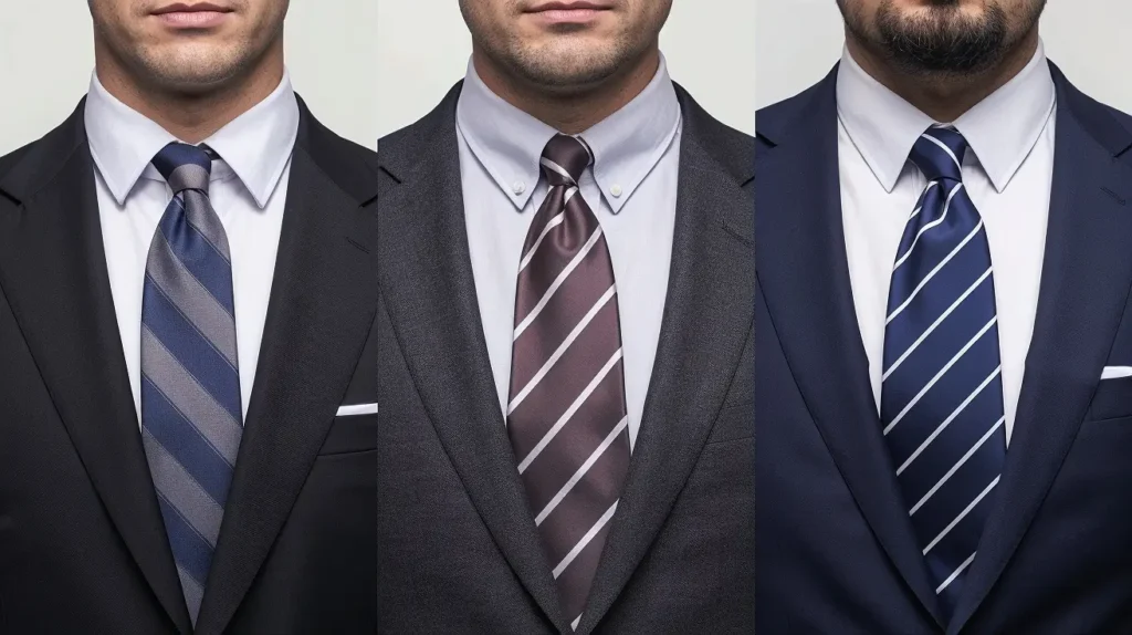 Three men with different body types wearing suits with appropriately sized ties to demonstrate proper proportion.