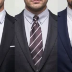 Three men with different body types wearing suits with appropriately sized ties to demonstrate proper proportion.