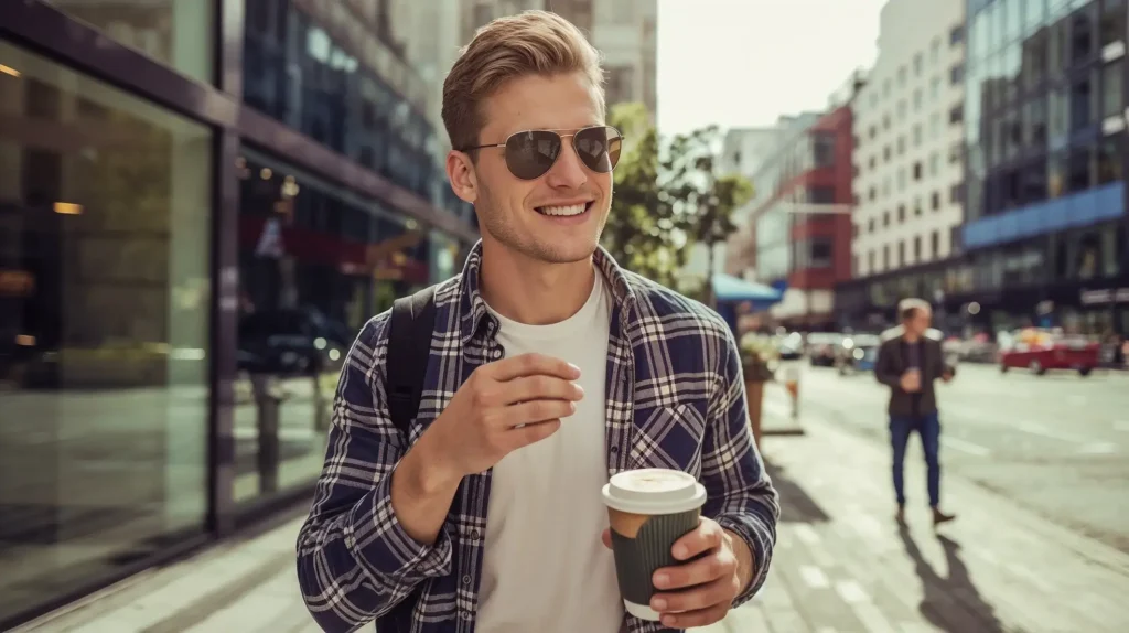 Young man wearing lightweight CR-39 sunglasses on a city street.