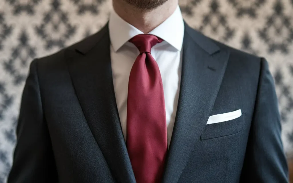 A bold red silk tie paired with a charcoal suit and white shirt.