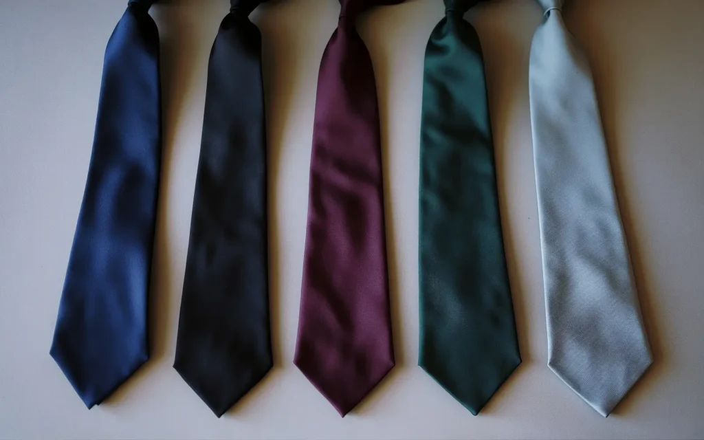 Five solid-colored neckties in navy blue, black, burgundy, forest green, and pale blue.