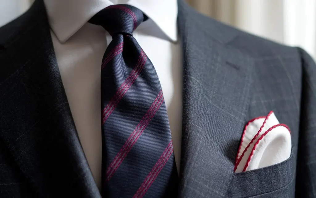 A man wearing navy tie with red stripes paired with white pocket square featuring red border, demonstrating color coordination