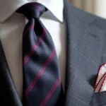 A man wearing navy tie with red stripes paired with white pocket square featuring red border, demonstrating color coordination