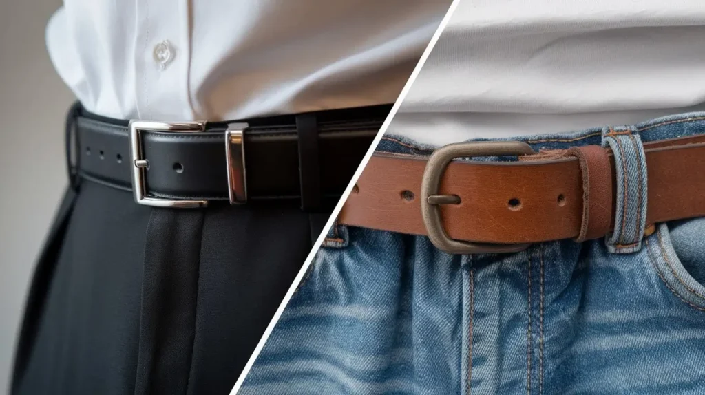 Side-by-side comparison of a black leather dress belt and a brown leather casual belt with jeans.