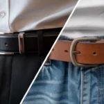 Side-by-side comparison of a black leather dress belt and a brown leather casual belt with jeans.