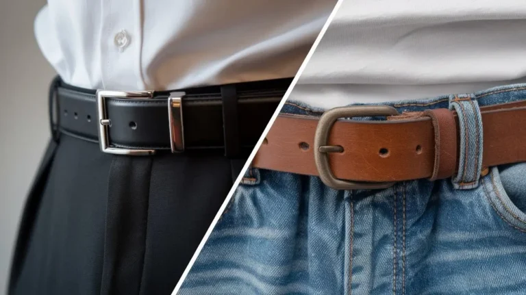 Side-by-side comparison of a black leather dress belt and a brown leather casual belt with jeans.