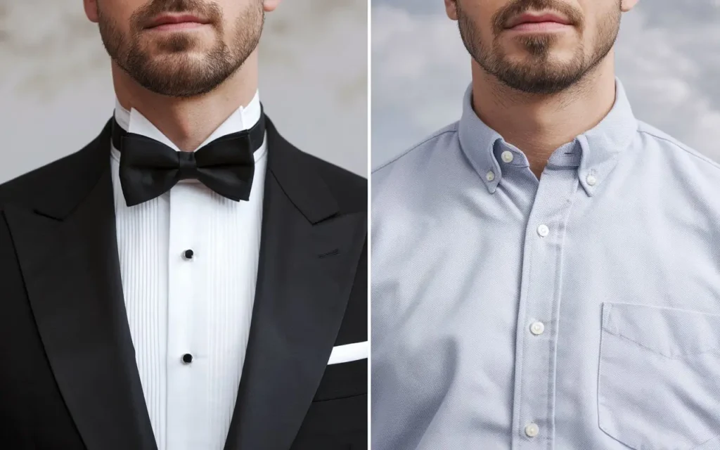 Split image comparing formal tuxedo to casual shirt for different wedding styles.