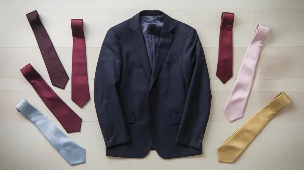 A neatly folded navy blue suit jacket surrounded by an array of ties in deep red, burgundy, light blue, pale pink, and golden yellow