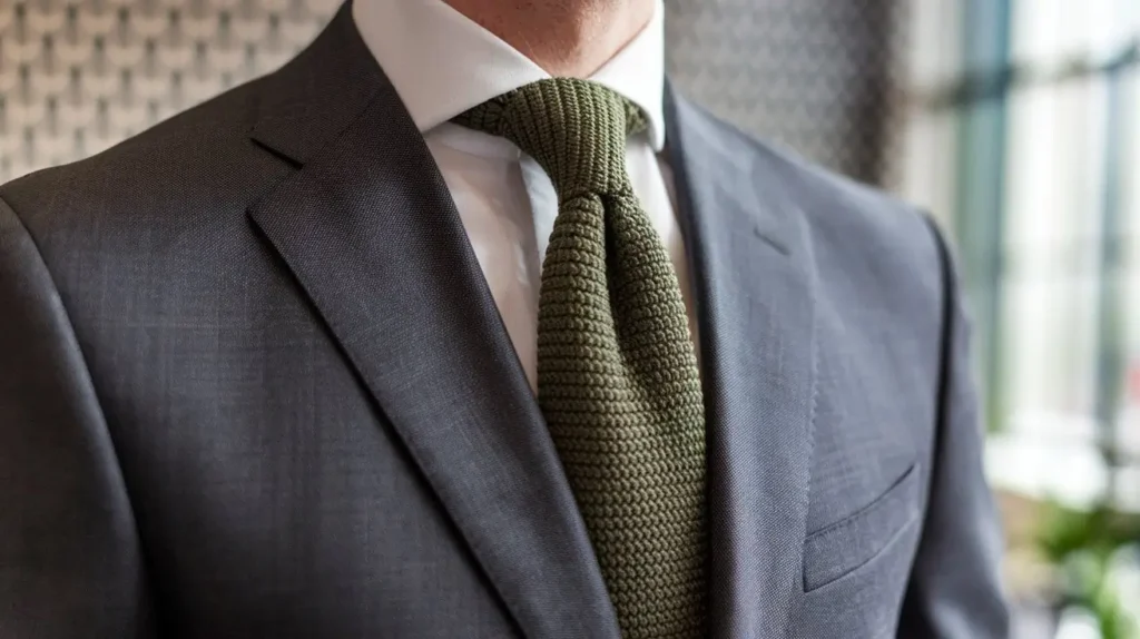 A man wearing a deep forest green knit tie paired with a charcoal suit