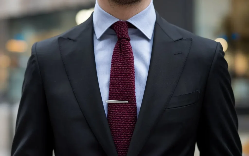 Black suit with a burgundy knit tie and light blue shirt