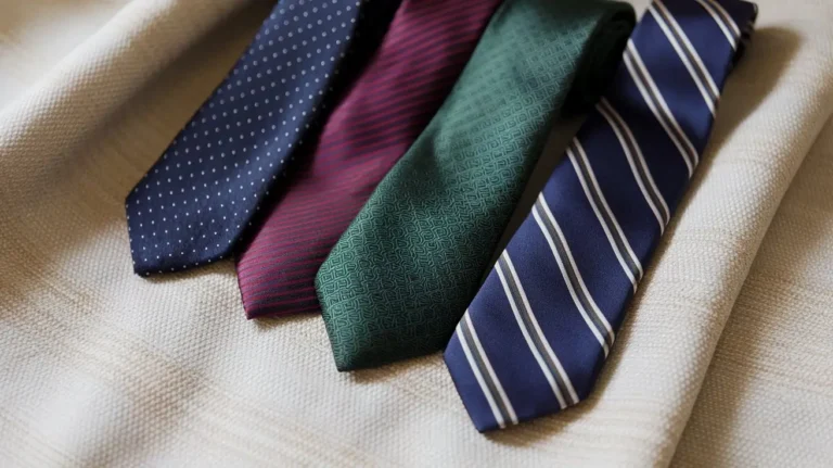 Collection of four premium silk ties in navy, burgundy, green, and charcoal-navy striped displayed diagonally on cream fabric