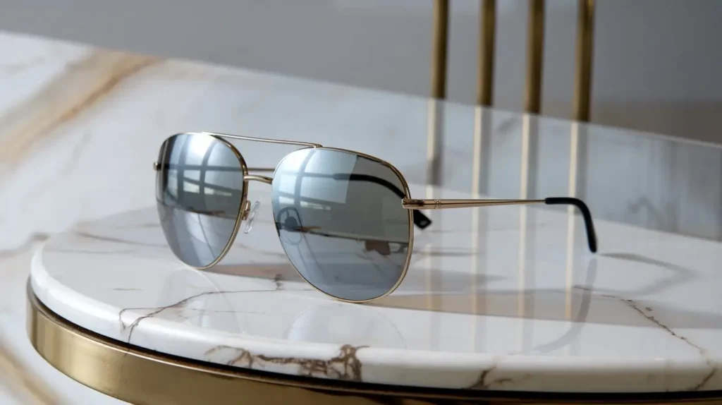 High-end sunglasses with metal frames displayed on a marble surface indoors.