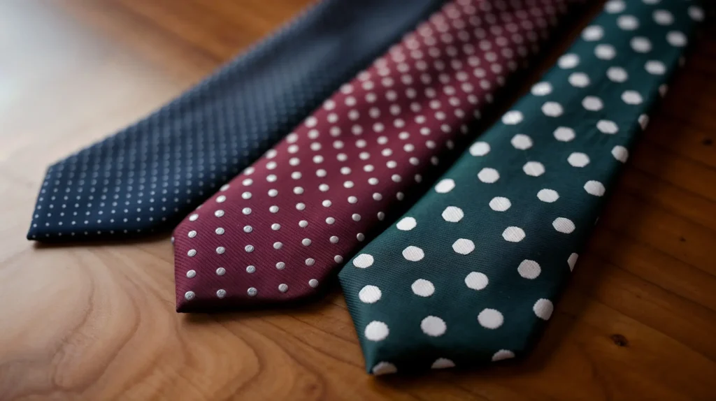 Three polka dot ties showcasing micro, medium, and large dot sizes.