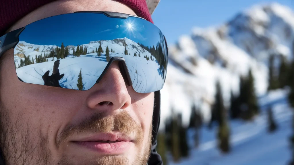 Person wearing mirrored sunglasses reflecting snowy mountain landscape.