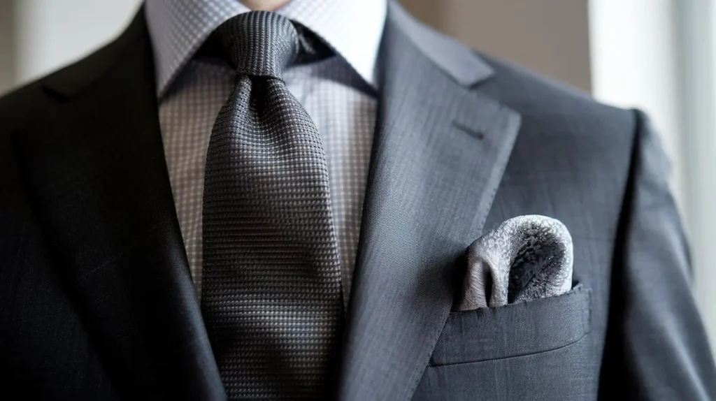 Various gray tones in tie and pocket square combination