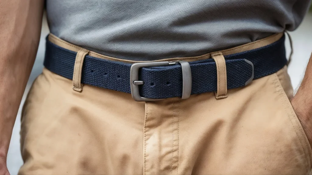 Close-up of a navy blue canvas belt with a rectangular buckle, worn with khaki pant.