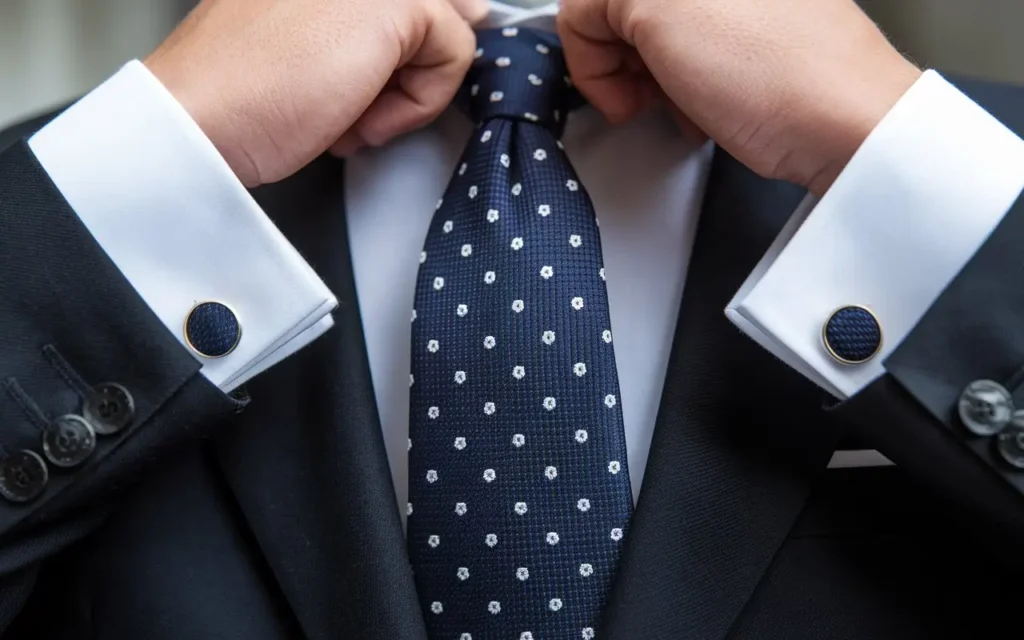 Close-up of a navy tie with small white polka dots on a white shirt and black suit.