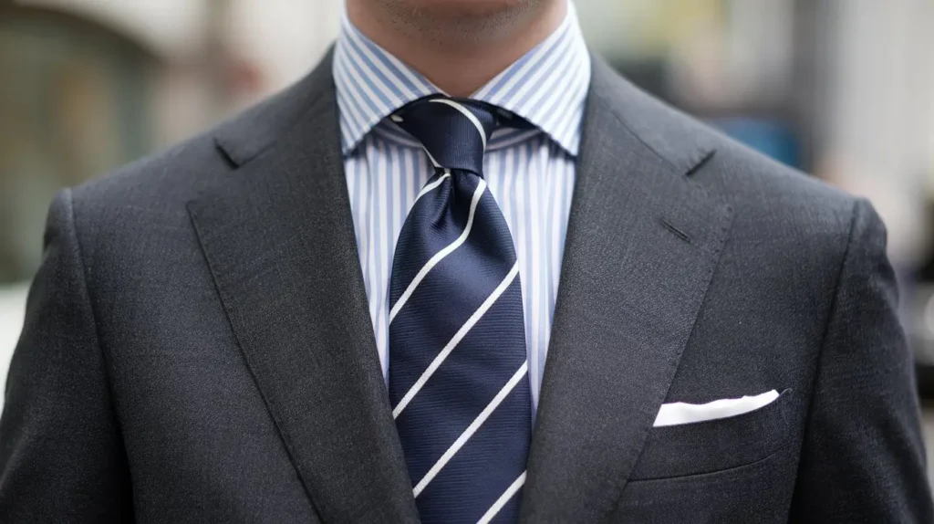 A navy and white striped silk tie paired with a charcoal suit.