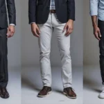 Side-by-side outfits showing business formal, business casual, and smart casual attire.