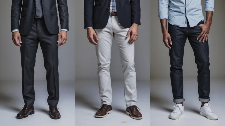 Side-by-side outfits showing business formal, business casual, and smart casual attire.