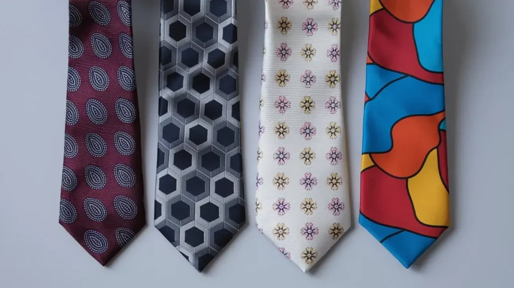 Four classic tie patterns: paisley, geometric, floral, and abstract ties laid flat on a neutral background.