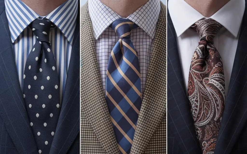 Close-up of three shirt and tie combinations: striped with polka dot, checked with larger checks, and solid with paisley, showing complementary patterns and colors.