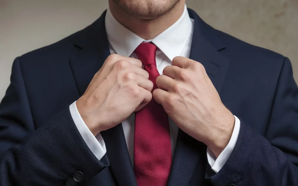 Man adjusting red tie with navy suit for wedding, preparing formal attire