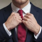 Man adjusting red tie with navy suit for wedding, preparing formal attire