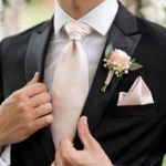 Black suit with a pale pink silk tie and boutonniere, perfect for weddings