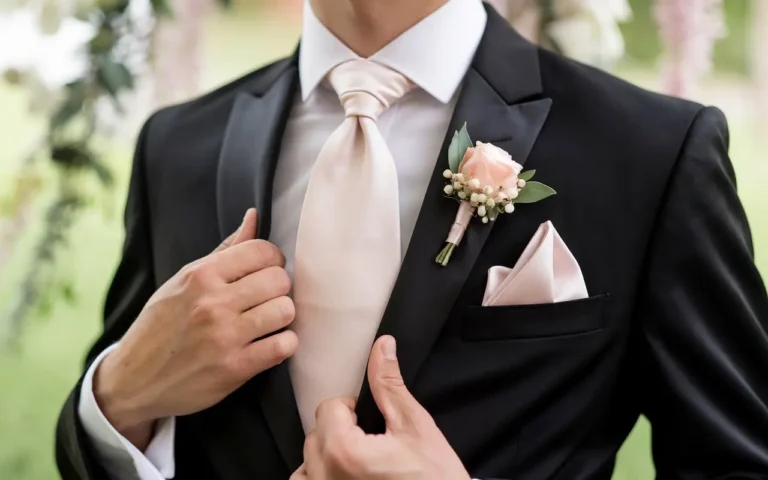 Black suit with a pale pink silk tie and boutonniere, perfect for weddings