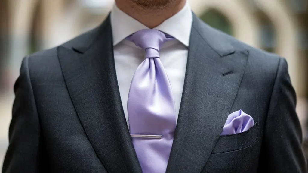 A man wearing a purple silk tie paired with a charcoal suit