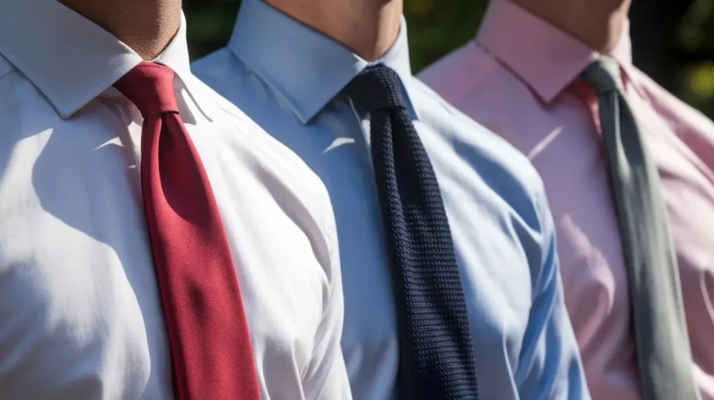 Close-up of white, light blue, and pink dress shirts paired with red, navy, and gray ties, showing sharp coordination.