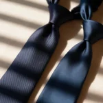 Comparison of silk and polyester ties in navy blue showing texture and sheen differences on cream background