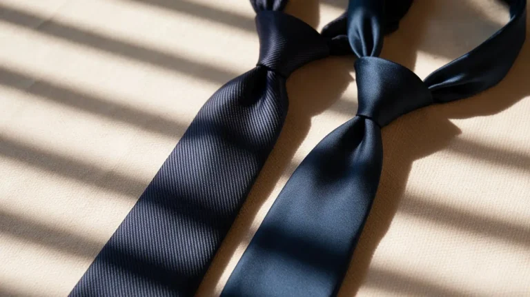 Comparison of silk and polyester ties in navy blue showing texture and sheen differences on cream background