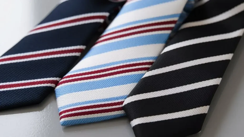 Three striped ties showcasing repp, candy, and awning styles laid flat on a smooth surface.