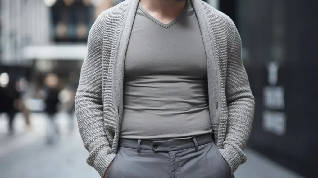 A broad-shouldered man wearing a fitted V-neck t-shirt under a lightweight cardigan with slim-fit pants.