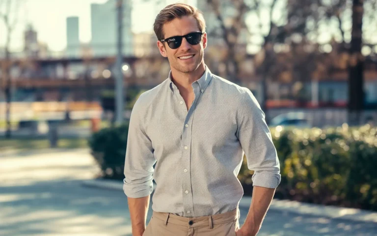 Man wearing sunglasses in a casual-smart outfit outdoors on a sunny day.