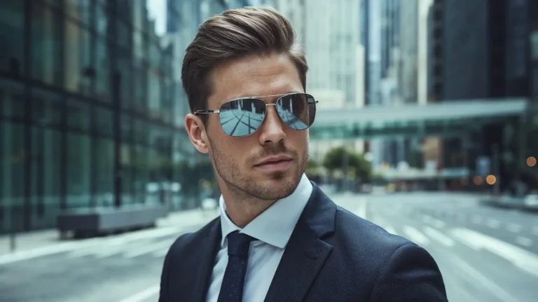 A well-dressed man in a sharp suit wearing premium sunglasses with glass lenses, reflecting the city skyline in an urban street setting.