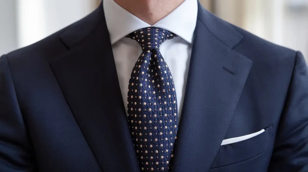 A man wearing a navy suit with a navy and gold polka dot tie