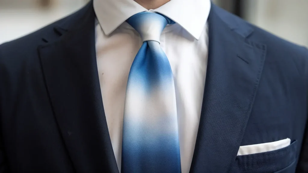 Close-up of a blue ombré tie-dye tie worn with a white shirt and navy suit.