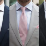 Close-up of navy, gray, and charcoal suits paired with burgundy, pink, and red ties for a stylish and professional look.