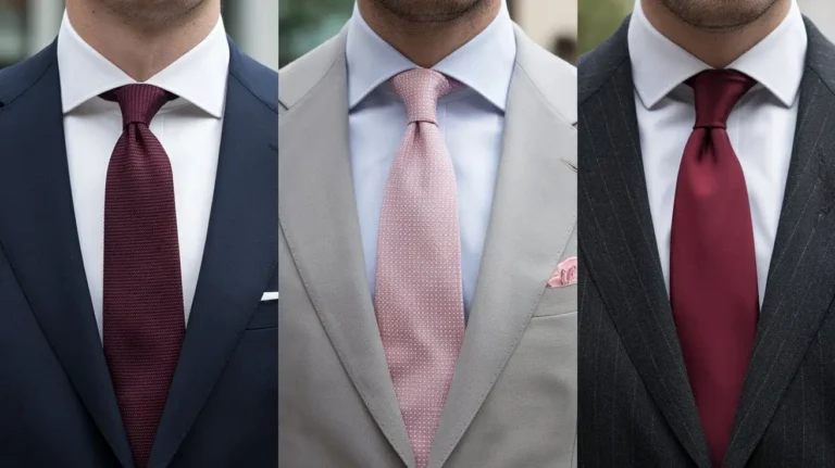 Close-up of navy, gray, and charcoal suits paired with burgundy, pink, and red ties for a stylish and professional look.