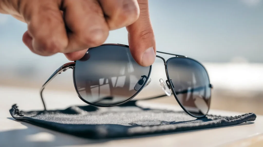 Man's hand holding sunglasses placed on microfiber cloth.