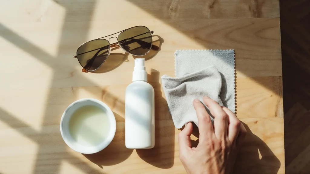 Overhead view of sunglass cleaning supplies including cleaner, cloth, and soap.